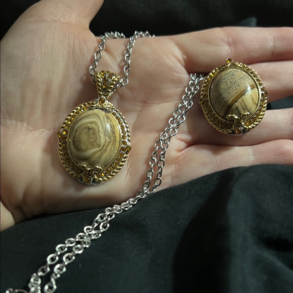 🪶 Jasper & Stainless Steel Jewelry Set – Necklace + Ring (Size 10), Synthetic